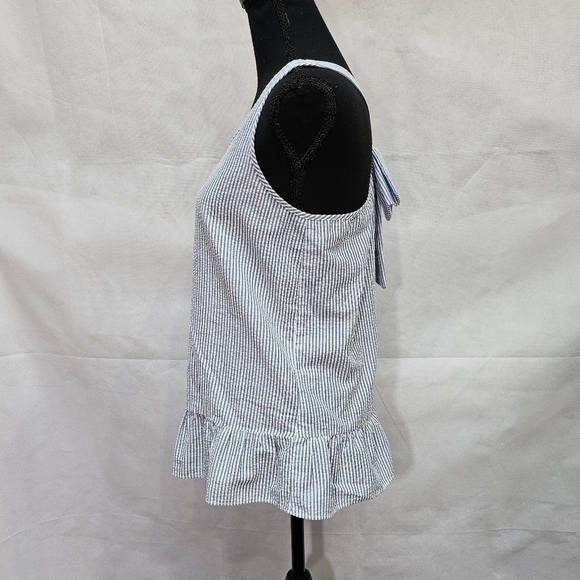 Charming Charlie Blue & White Stripped Ruffle Hem Top with Bow Accent Back Sz S - Picture 6 of 8